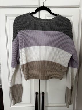 Hollister Striped Crewneck Sweater in Gray, Lavender, White & Taupe